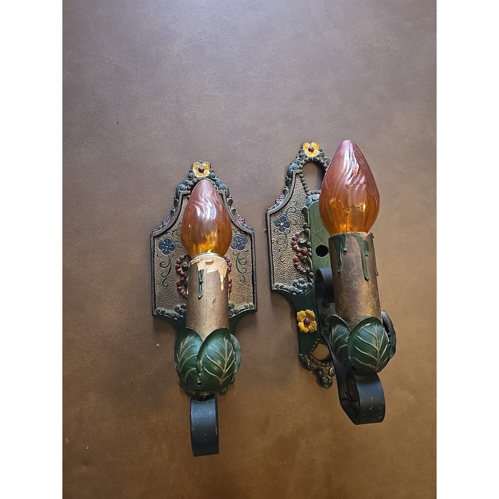 Lot of 2 Antique Deco Era Victorian Cast Iron Floral Wired Sconces Fixture 1930s